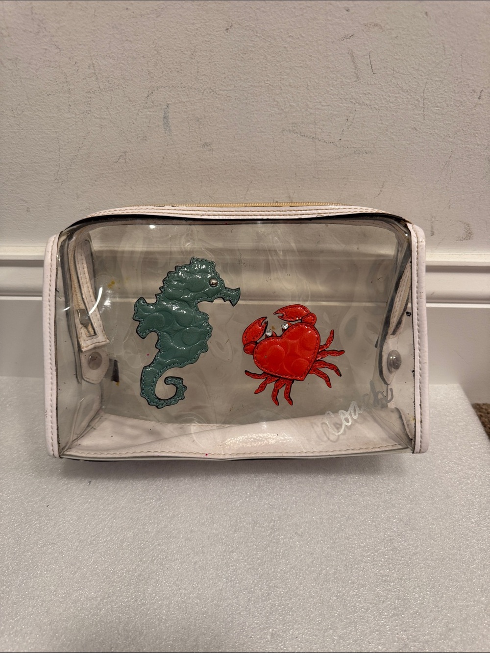 Coach clear beach crab seahorse applique cosmetic makeup bag